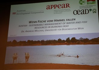 The picture shows a screenshot  - the title reads "Wenn Fische vom Himmel fallen - Susfish - Sustainable management of water and fish resources in Burkina Faso"