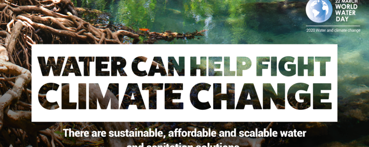Sujet mit dem englischsprachigen Slogan: Water can help fight climate change"