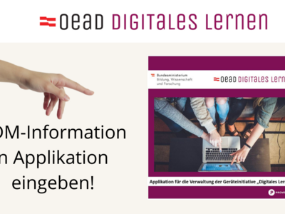 Grafik mit einer Hand, die auf eine Applikation zeigt und der Aufschrift: Digitales Lernen: MDM-Information in Applikation eingeben!