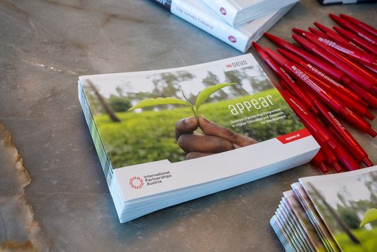 Ein Stapel von APPEAR-Flyern mit dem neuen Logo International Partnerships Austria der Austrian Development Agency