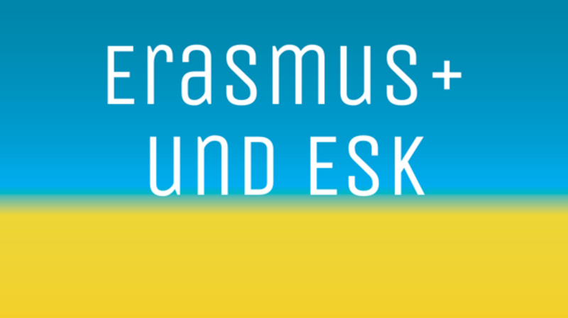 Text Erasmus+ und ESK mit Hintergrund gelb blau