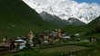 Green landscape with some houses in front of high snow covered mountains 