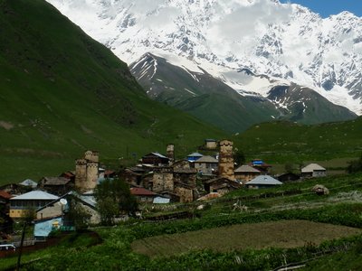 Green landscape with some houses in front of high snow covered mountains 