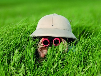 Kind mit Fernglas liegt im Gras und beobachtet etwas