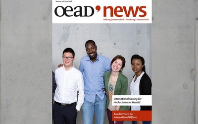 Die Titelseite der oead.news Ausgabe 106 mit vier Stipendiaten des OeAD. Zwei Frauen und zwei Männer.