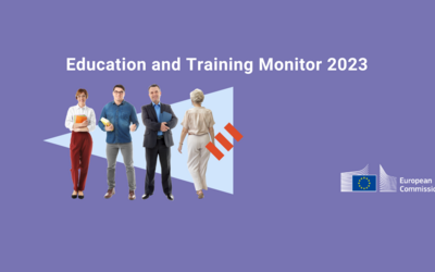 Sujet mit Schriftzug "Education and Training Monitor 2023" + vier Lehrpersonen