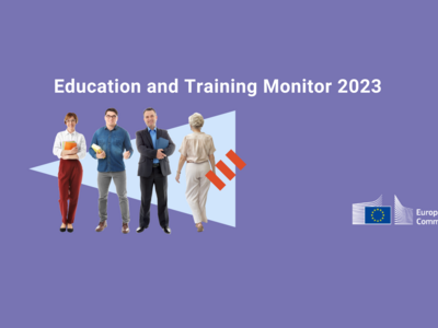 Sujet mit Schriftzug "Education and Training Monitor 2023" + vier Lehrpersonen