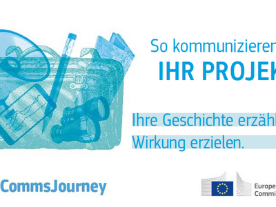 Logo des Leitfadens inklusive Text "So kommunizieren Sie Ihr Projekt" mit dem Zusatz "Ihre Geschichte erzählen. Wirkung erzielen."