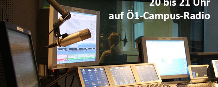 Announcement with picture of a radio studio with mixing console and microphones as background