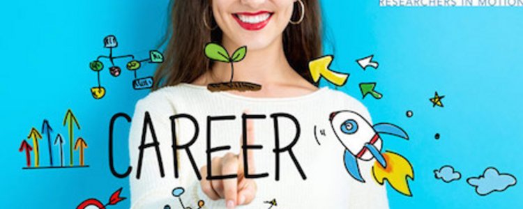 A young woman points at the written word "career"