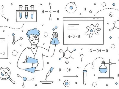 Person mit Kittel und Chemiesymbolen