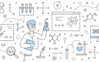 Person mit Kittel und Chemiesymbolen