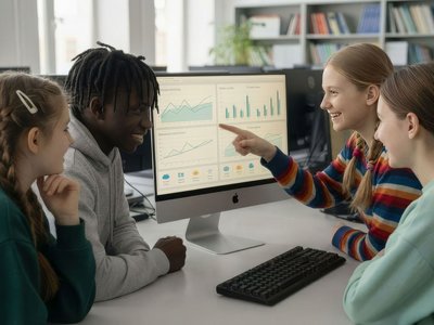 Junge Menschen betrachten und zeigen auf eine Grafik an einem PC