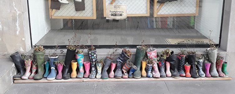 Numerous boots stand in a row in front of a store, some with flowers sticking out of them.