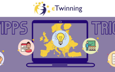 eTwinning Tipps und Tricks, Laptop mit Europa-Karte und verschiedenen Icons