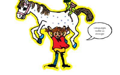 Zeichnung von Pippi Langstrumpf, die ihr Pferd in die Luft hebt