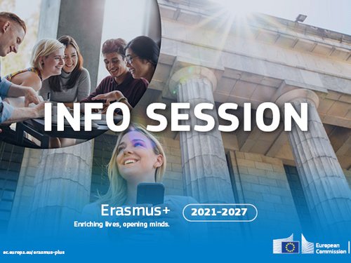 Der Text Info Session steht in weißer Schrift über Bildern von einer Gruppe von Menschen und einem alten Gebäude.