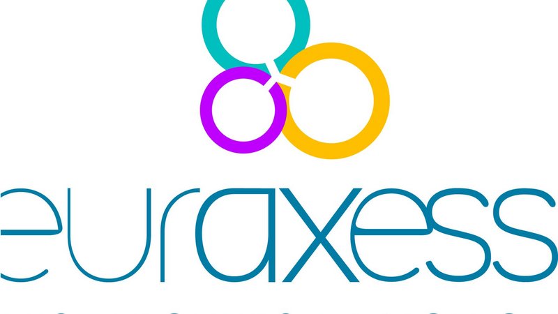 Das Euraxess-Logo, bestehend aus drei in einem Dreieck angeordneten aneinanderliegenden verschiedenfärbigen Kreisen und darunter dem Text "Euraxess - Researchers in Motion"