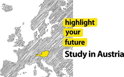 Illustration of a map of Europe in grey, Austria is highlighted in yellow. Lettering saying highlight your future. Study in Austria.