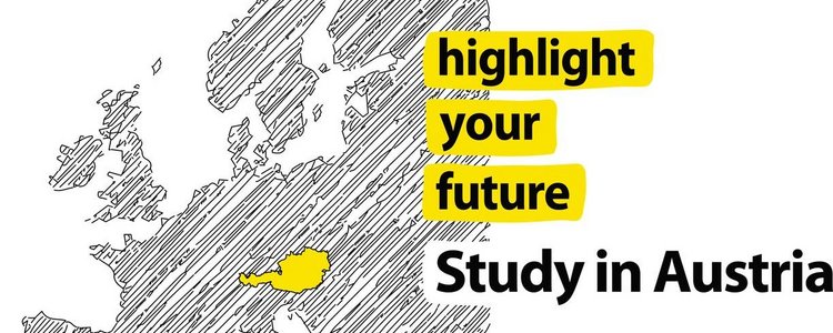 Illustration of a map of Europe in grey, Austria is highlighted in yellow. Lettering saying highlight your future. Study in Austria.