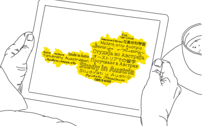 Zwei Hände halten ein Tablet, auf dem sich eine gelbe Österreichkarte mit dem Slogan "Study in Austria" in verschiedenen Sprachen befindet