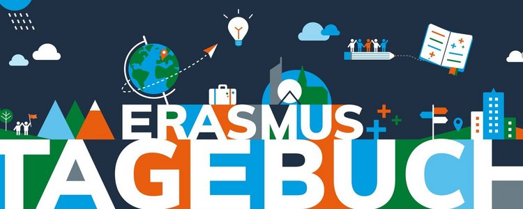 Bunter Schriftzug "Erasmus+ Tagebuch" auf dunkelblauem Hintergrund mit stilisierten grafischen Objekten wie Globus, Glühbirne, Buch, Stadt, Natur, Reisekoffer, etc.