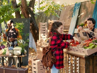 Happy people talking at vegetable market