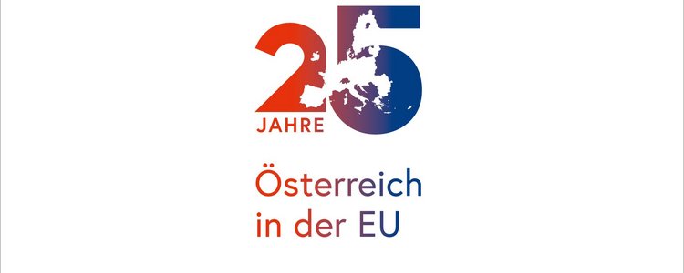 Jubiläumssujet mit dem Wortlaut "25 Jahre AT in EU" in blau und rot.