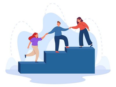 Drei Personen helfen einander beim Steigen auf Stufen