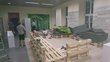 View of a room with several pallet benches. The upholstery of the benches is stacked opposite the benches. There are two leaders in the background. There are several people spread around the room.