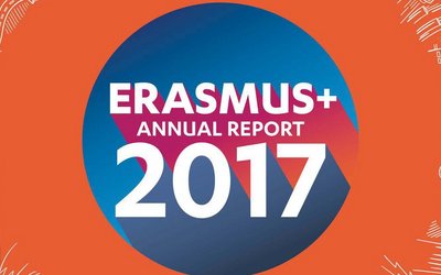 Auf roten Hintergrund ist ein blauer Kreis auf dem mit weißer Schrift Erasmus+ Annual Report 2017 steht
