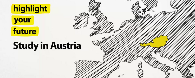 Sujet des Hochschulmarketing Österreichs: Europakarte, in der Österreich gelb hervorgehoben wird.