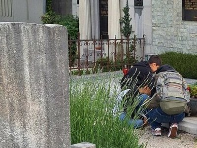 Schulkinder erforschen bei einem Grab am Friedhof die Biodiversität.