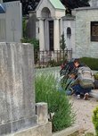 Schulkinder erforschen bei einem Grab am Friedhof die Biodiversität.