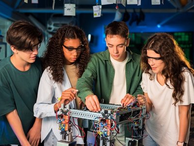 Junge Personen führen Experimente in einem Techniklabor durch