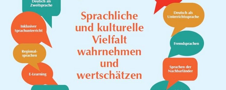 Ausschreibungstext in Sprechblasen angeordnet: in der Mitte steht der Text "Sprachliche und kulturelle Vielfalt wahrnehmen und wertschätzen"