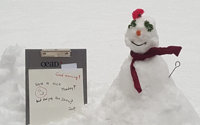Snowman with scarf and vegetables as eyes and nose standin in snow and in front of a OEAD sign
