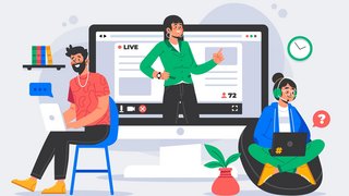 Mehrere Personen sitzen vor einem Laptop bei einem Webinar