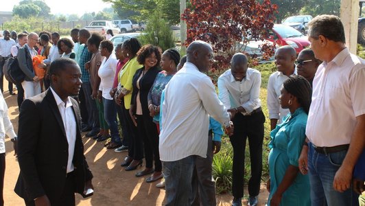 One group of people standing in a row and a second group walking through welcoming and shaking their hands