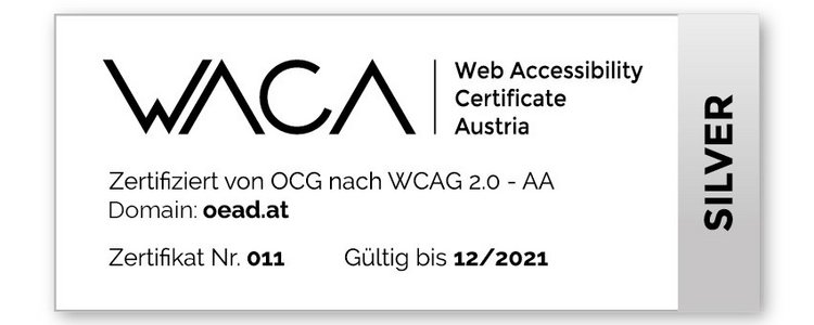 WACA-Zertifikat, das die Barrierefreiheit der OeAD-Webseite in der Zertifizierungsstufe Silber bestätigt.